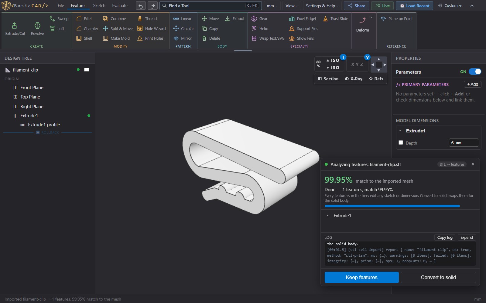 An STL filament clip imported into BasicCAD and rebuilt as an editable Extrude feature with a 99.95% match to the original mesh, with Keep features and Convert to solid buttons